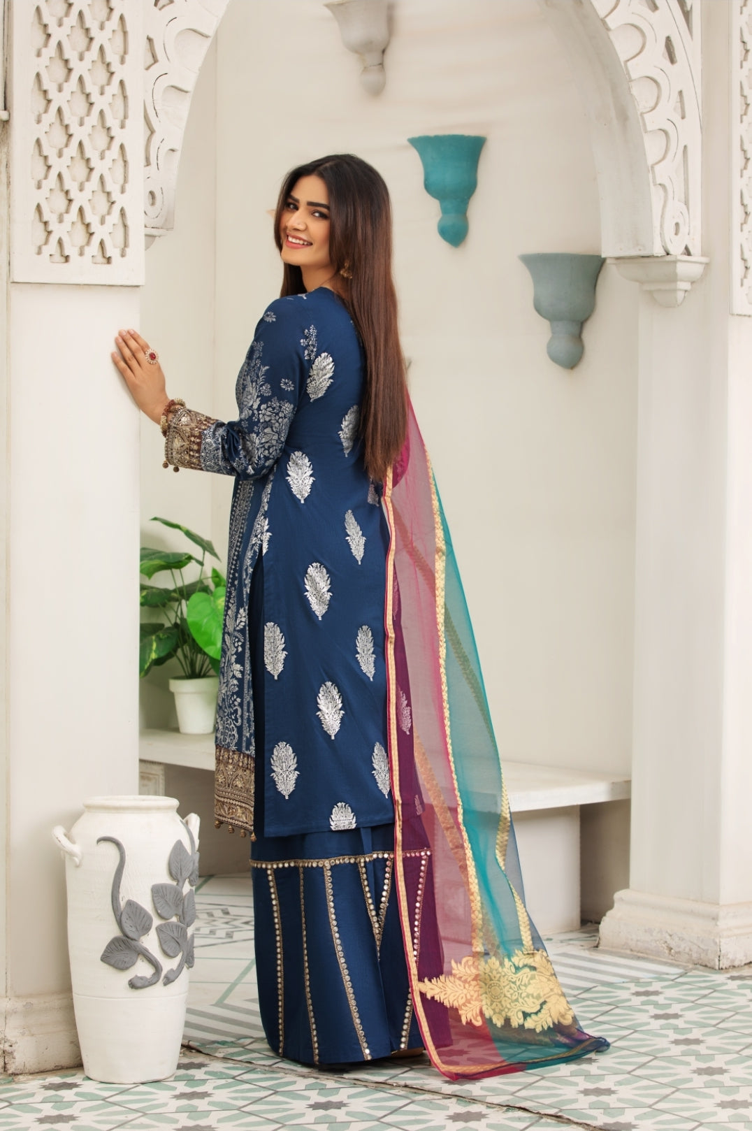 (Blue) 3 Pc Cotton Embroidered Dress - Heera's