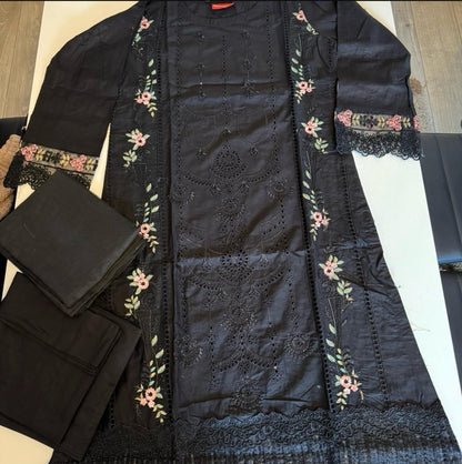 (Black) 3 Pc Luxury Chikenkari Cotton by Simrans