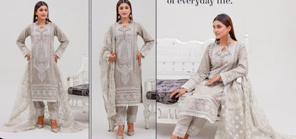 Light Grey 3 Pc Festive Embroidered Cotton dress - Rangz