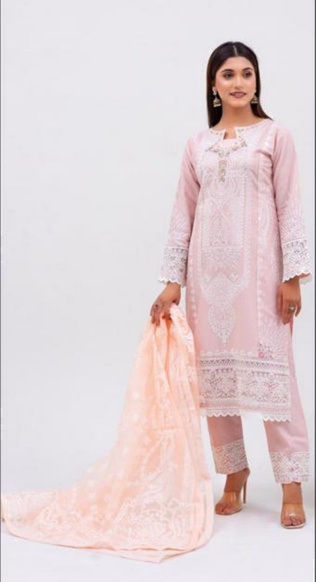 Peach 3 Pc Festive Embroidered Cotton dress - Rangz