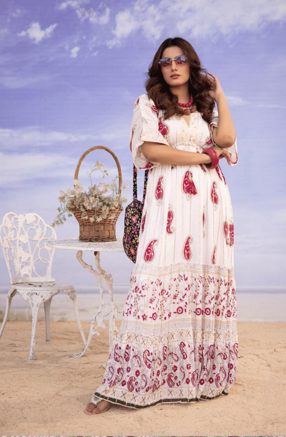 (Cream with Magenta) "Summer Sizzler" Long kaftan Style Maxi-By Simrans