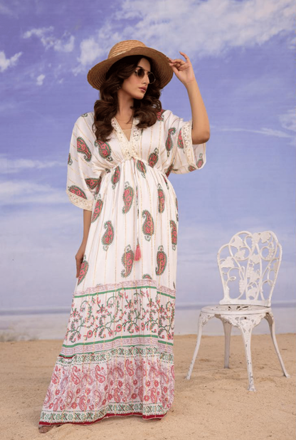 (Cream with Multi) "Summer Sizzler" Long kaftan Style Maxi-By Simrans