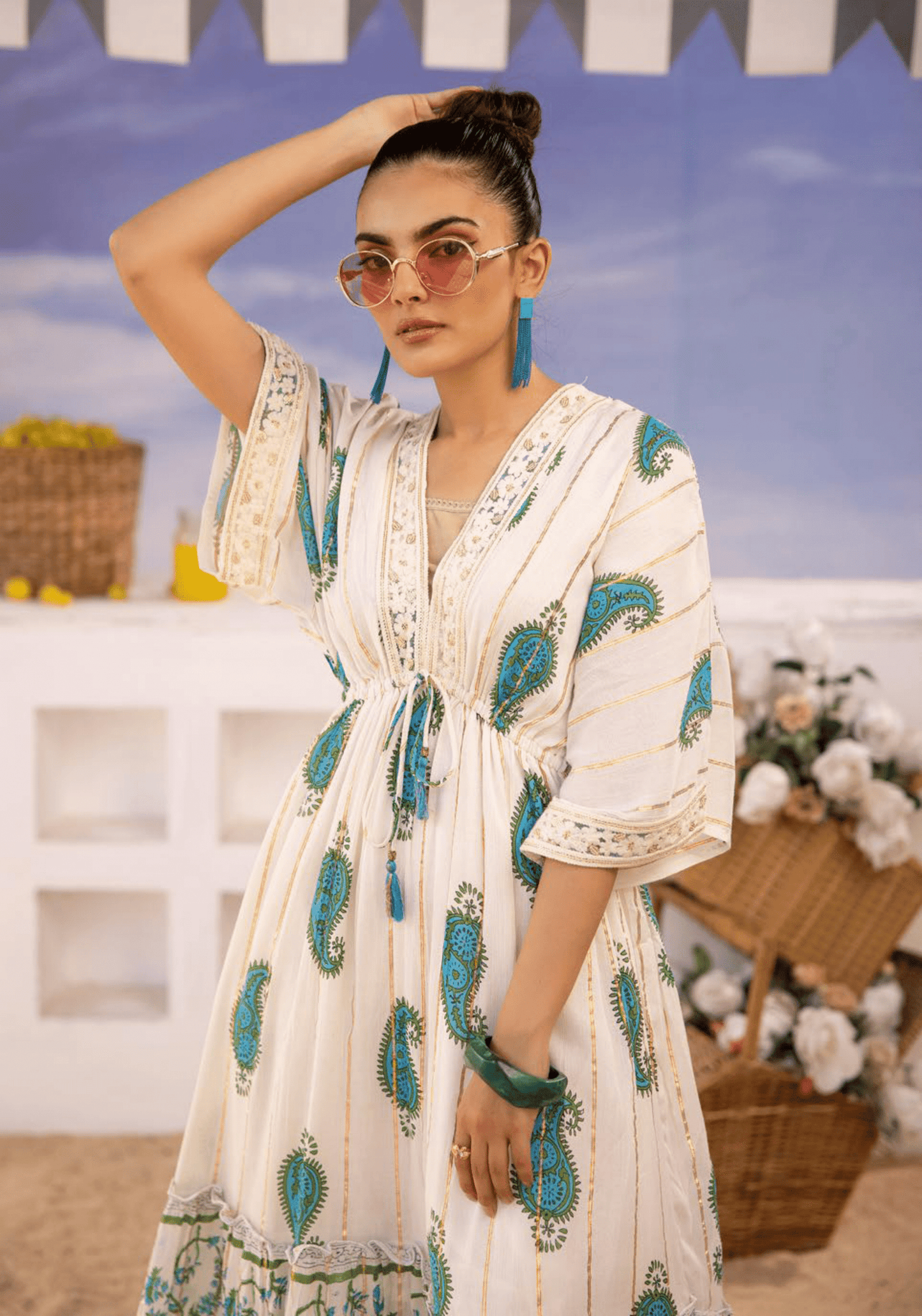 (Cream with Sea Green) "Summer Sizzler" Long kaftan Style Maxi-By Simrans