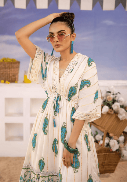 (Cream with Sea Green) "Summer Sizzler" Long kaftan Style Maxi-By Simrans