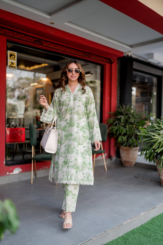 (Green & White) 2 Pc | Ready to Wear | Embroidered Printed | Cambric Shirt & Trouser | Lakhany