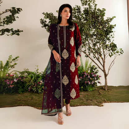 3 Pc Embroidered dhanak Collection  | Ready to Wear | UMNAA