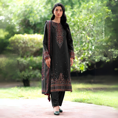 (Grey) 3 Pc Embroidered Dhanak with Printed Karandi shawl Collection  | Ready to Wear | UMNAA