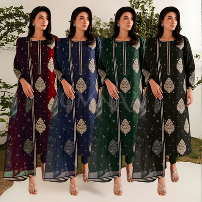 3 Pc Embroidered dhanak Collection  | Ready to Wear | UMNAA