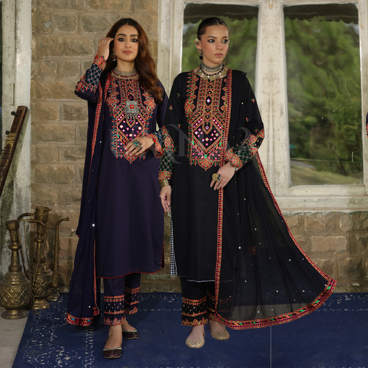 3 Pc Embroidered Linen Dress With Chiffon Dupatta | UMNAA