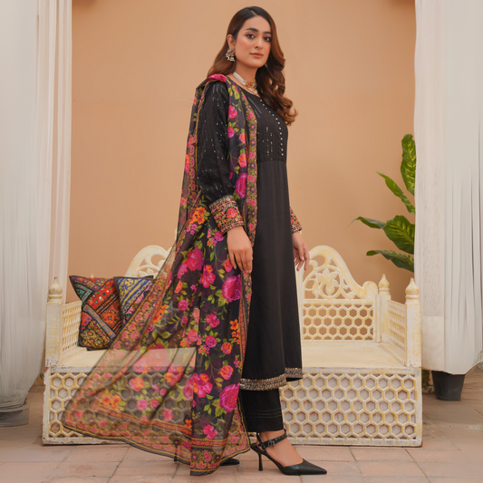 (Black) Embroidered Viscose Dress & Chiffon Dupatta