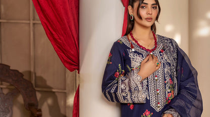 (Blue) 3 Pc Embroidered & Printed Cambric Cotton Suit-Heera's