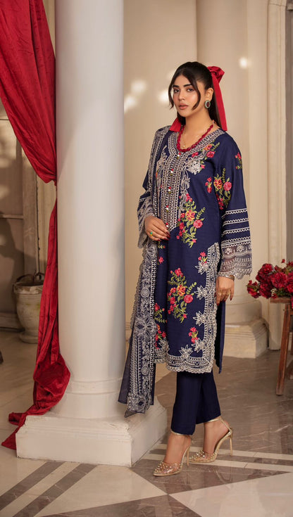 (Blue) 3 Pc Embroidered & Printed Cambric Cotton Suit-Heera's