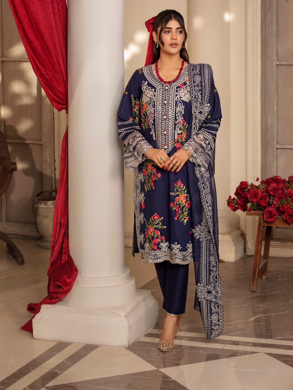 (Blue) 3 Pc Embroidered & Printed Cambric Cotton Suit-Heera's