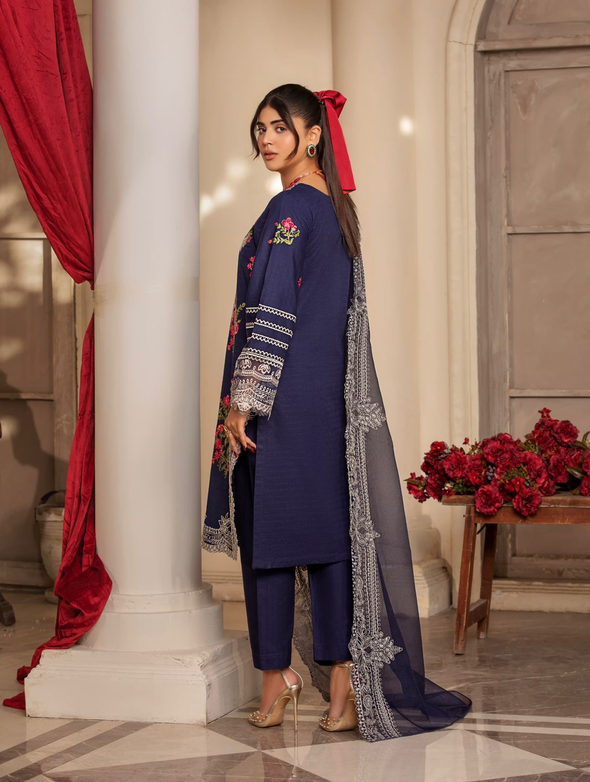 (Blue) 3 Pc Embroidered & Printed Cambric Cotton Suit-Heera's