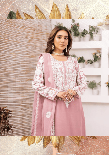 (Pink) 3 Pc "Yumna Z Pret" Embroidered Linen by Simrans