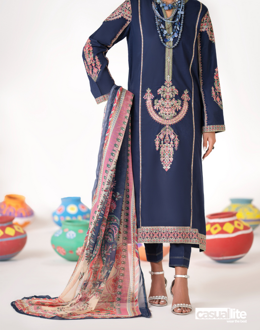 (Blue) 3 Pc Summer Pret Vol 5 Embroidered dress - Casuallite