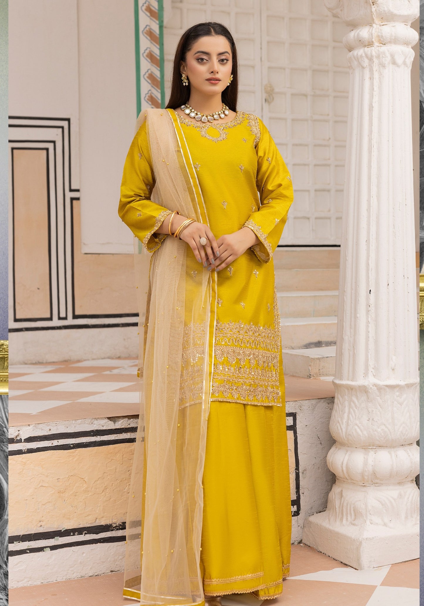 (Burnt Yellow) Embroidered Raw Silk Sharara | Wedding Wear | Mother & Daughter | Simrans