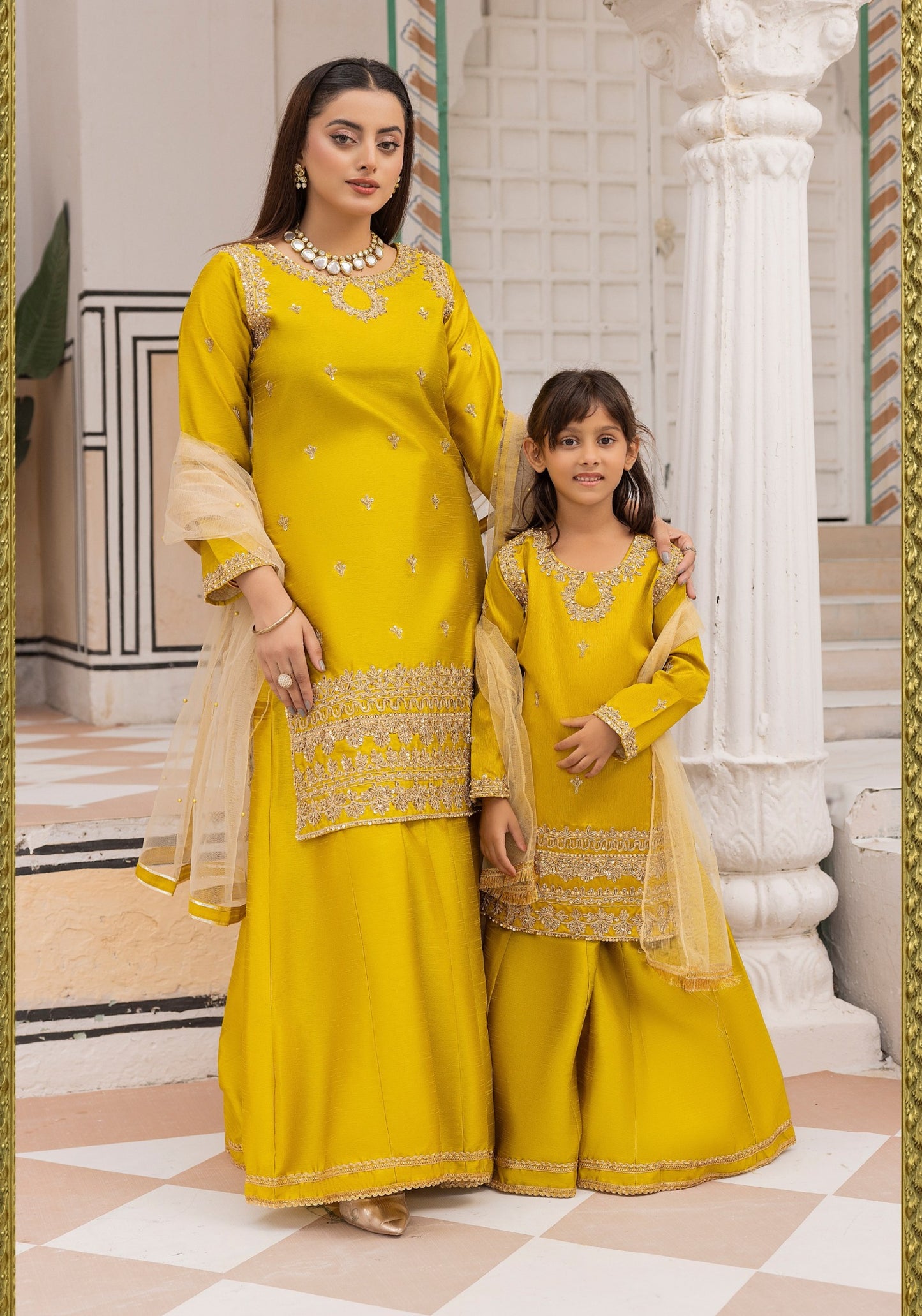 (Burnt Yellow) Embroidered Raw Silk Sharara | Wedding Wear | Mother & Daughter | Simrans