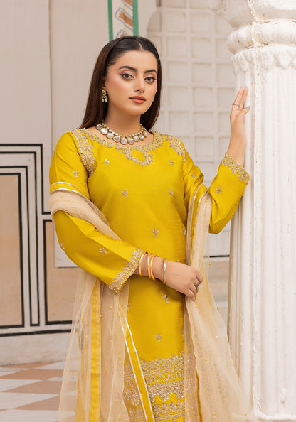 (Burnt Yellow) Embroidered Raw Silk Sharara | Wedding Wear | Mother & Daughter | Simrans