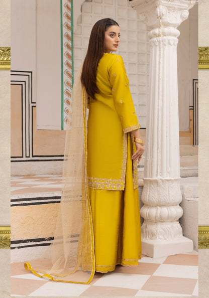 (Burnt Yellow) Embroidered Raw Silk Sharara | Wedding Wear | Mother & Daughter | Simrans