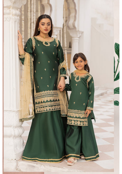 (Green) Embroidered Raw Silk Sharara | Wedding Wear | Mother & Daughter | Simrans