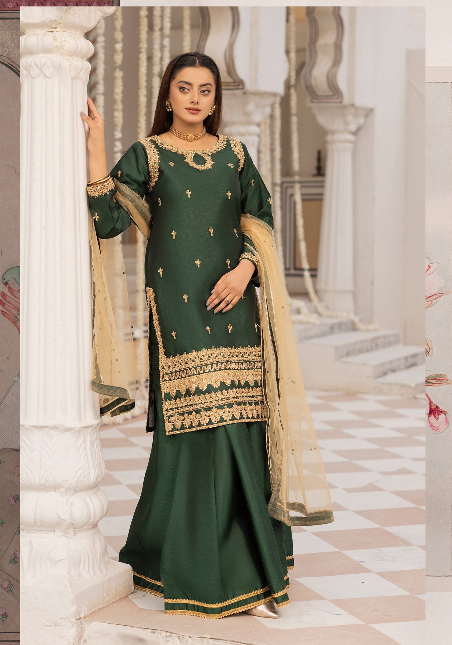 (Green) Embroidered Raw Silk Sharara | Wedding Wear | Mother & Daughter | Simrans