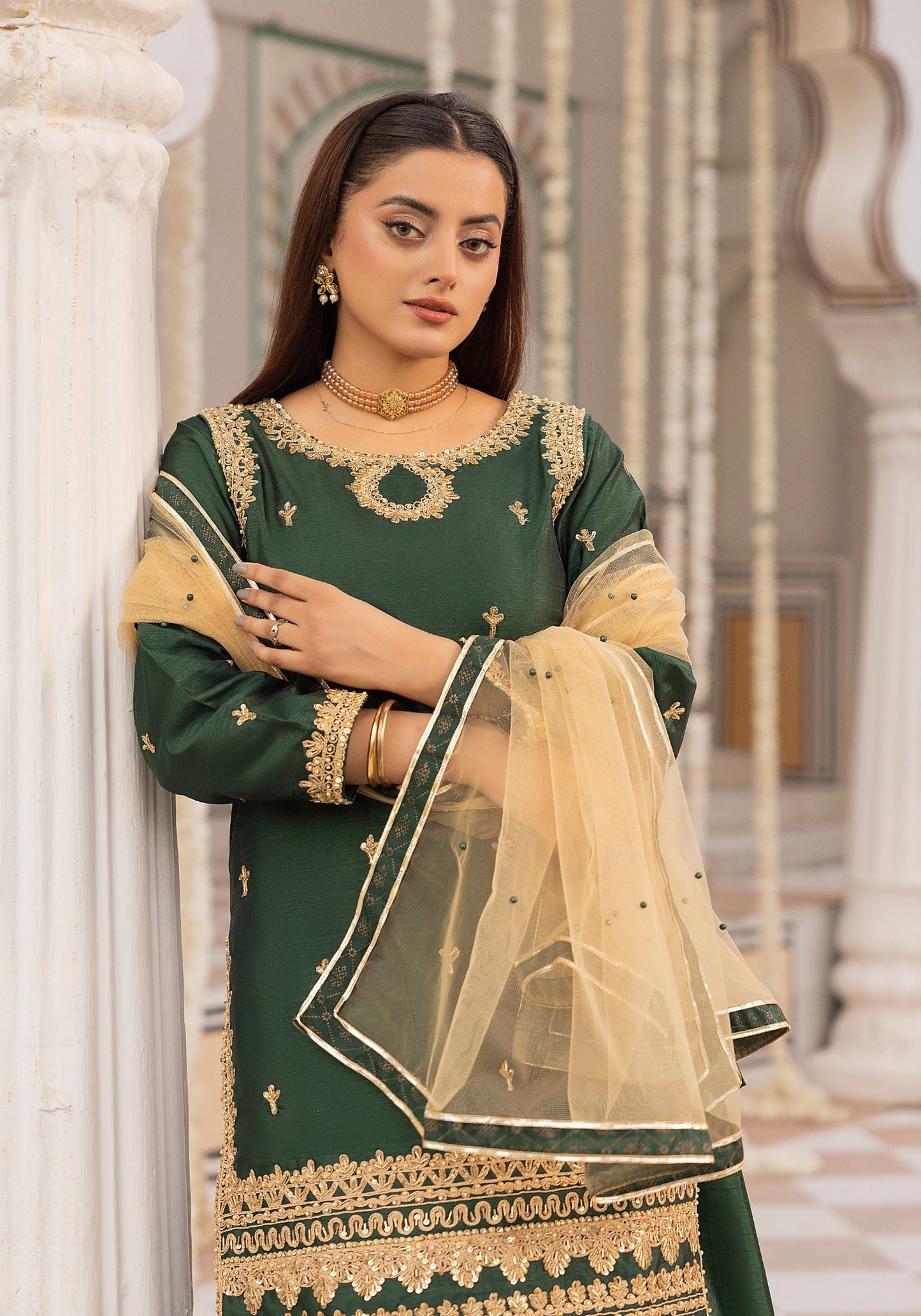 (Green) Embroidered Raw Silk Sharara | Wedding Wear | Mother & Daughter | Simrans