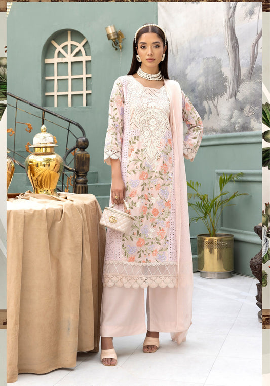 (Pale Peach ) Embroidered Linen with Chiffon Duppatta - Simrans