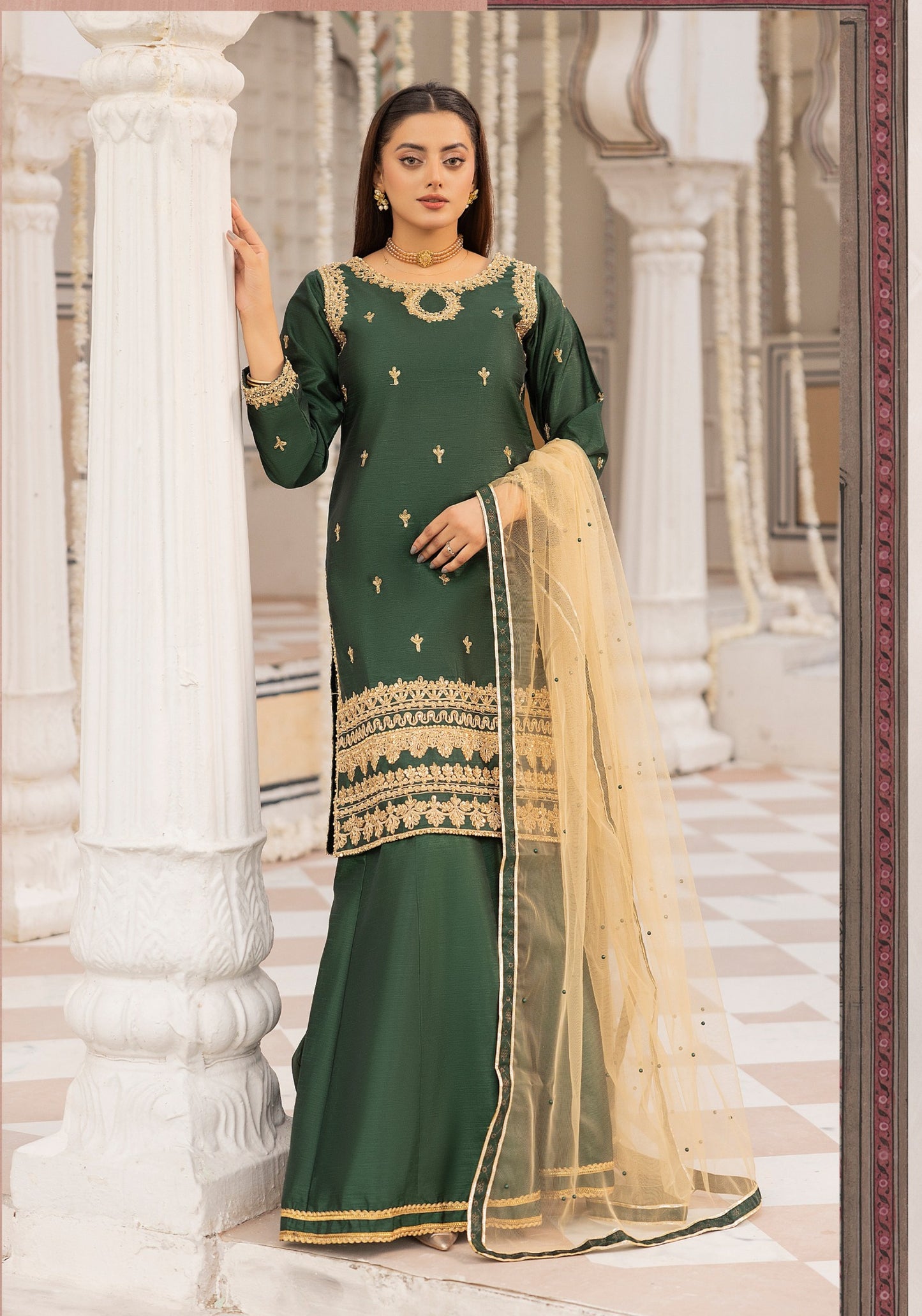 (Green) Embroidered Raw Silk Sharara | Wedding Wear | Mother & Daughter | Simrans