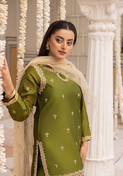 (Olive Green) Embroidered Raw Silk Sharara | Wedding Wear | Simrans