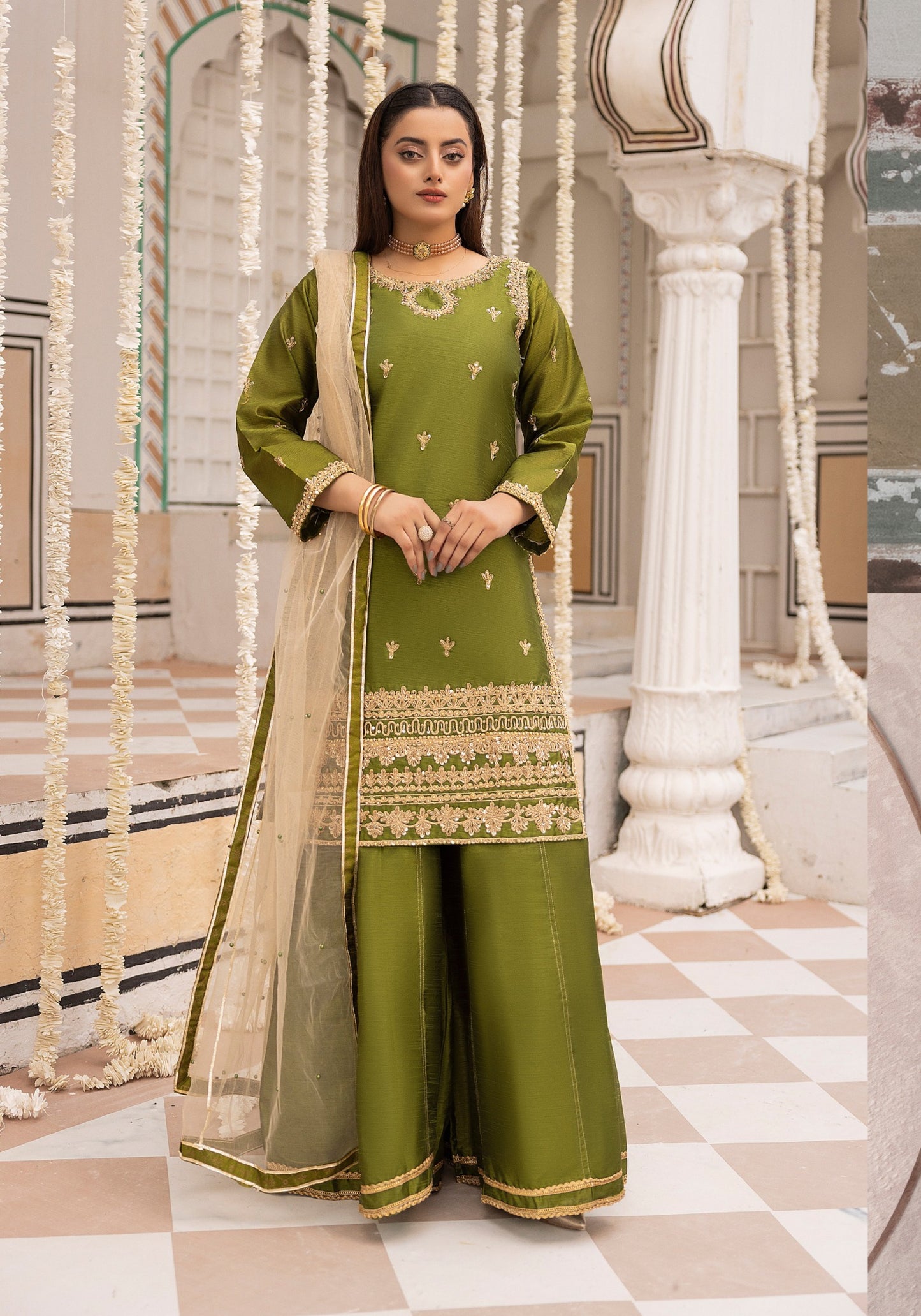 (Olive Green) Embroidered Raw Silk Sharara | Wedding Wear | Simrans