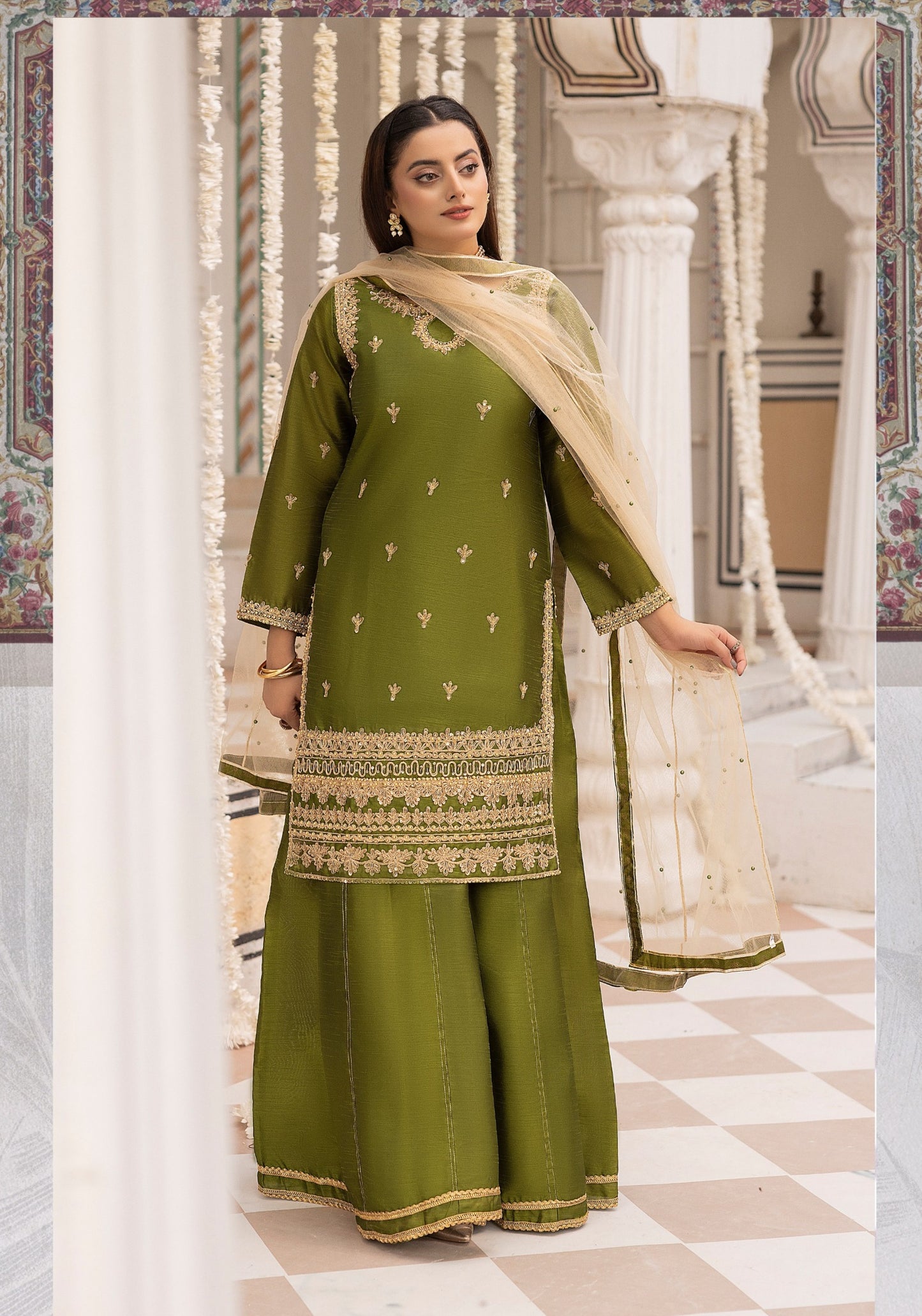 (Olive Green) Embroidered Raw Silk Sharara | Wedding Wear | Simrans