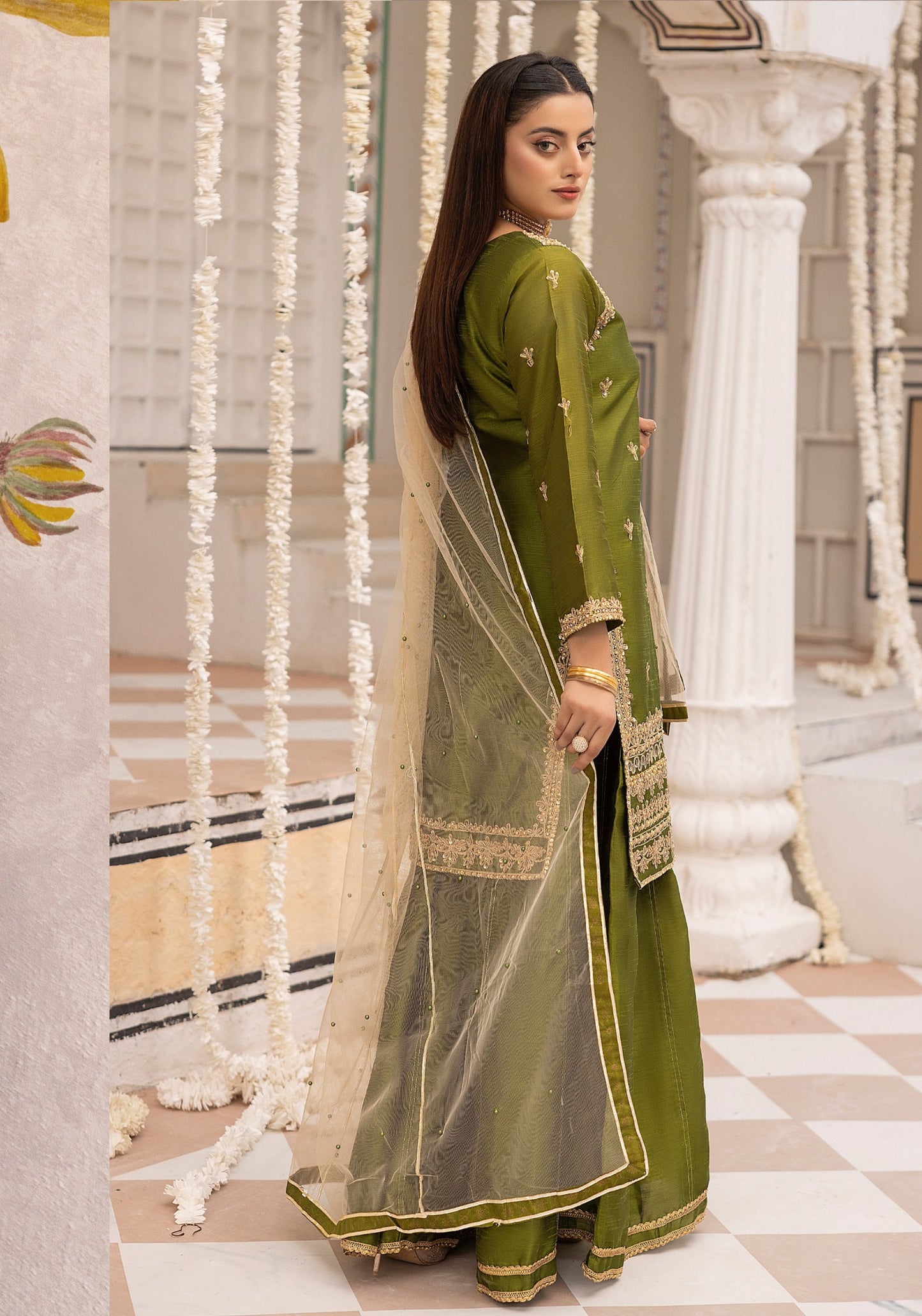 (Olive Green) Embroidered Raw Silk Sharara | Wedding Wear | Simrans