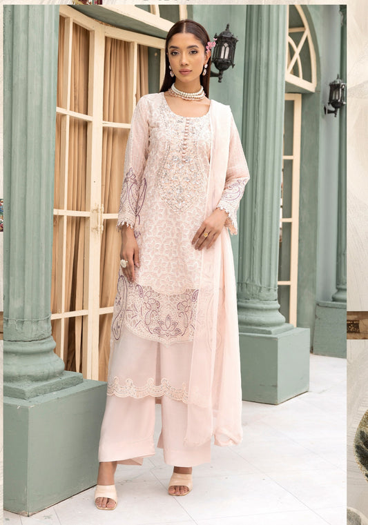 (Light Peach) Embroidered Linen with Chiffon Duppatta - Simrans