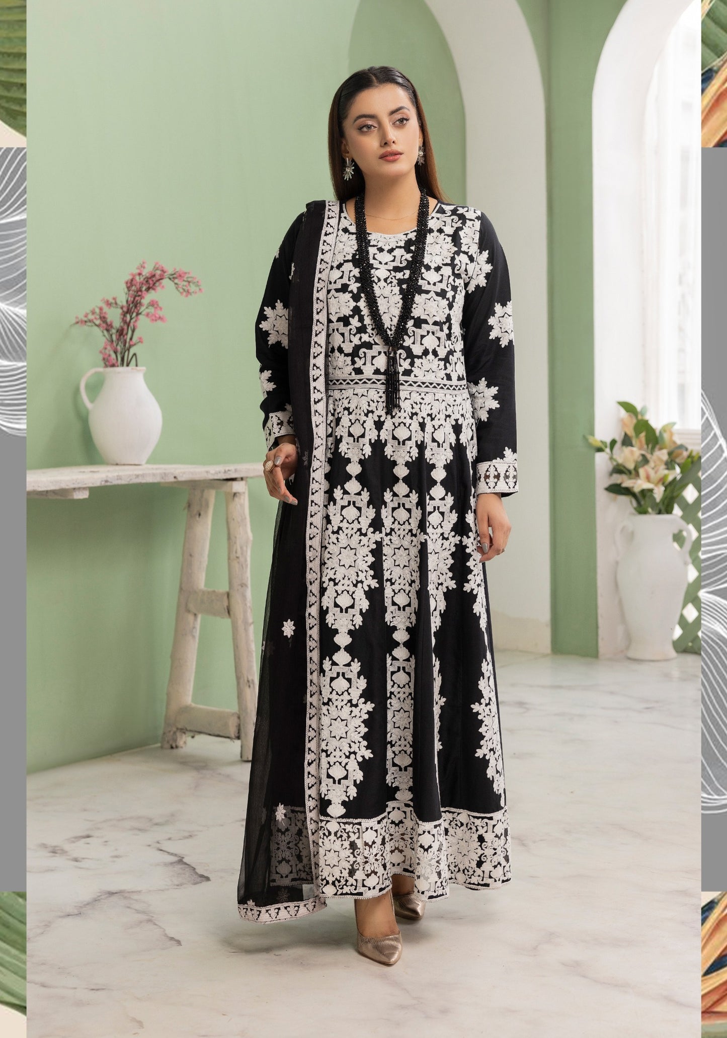 Black | Embroidered Linen Long Frock (Maxi) | 3 Pc | Ready-to-wear | Simrans