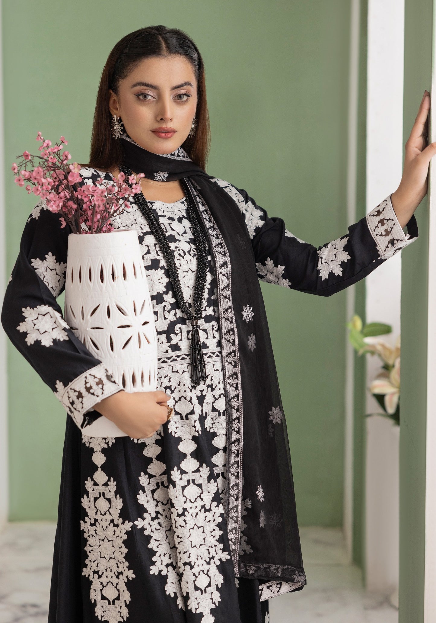 Black | Embroidered Linen Long Frock (Maxi) | 3 Pc | Ready-to-wear | Simrans