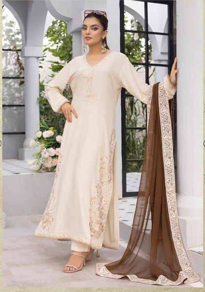 (Cream) 3 Pc Embroidered Linen Dress - Simrans