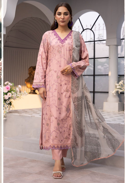 (Pastel Pink) 3 Pc Embroidered Linen Dress - Simrans