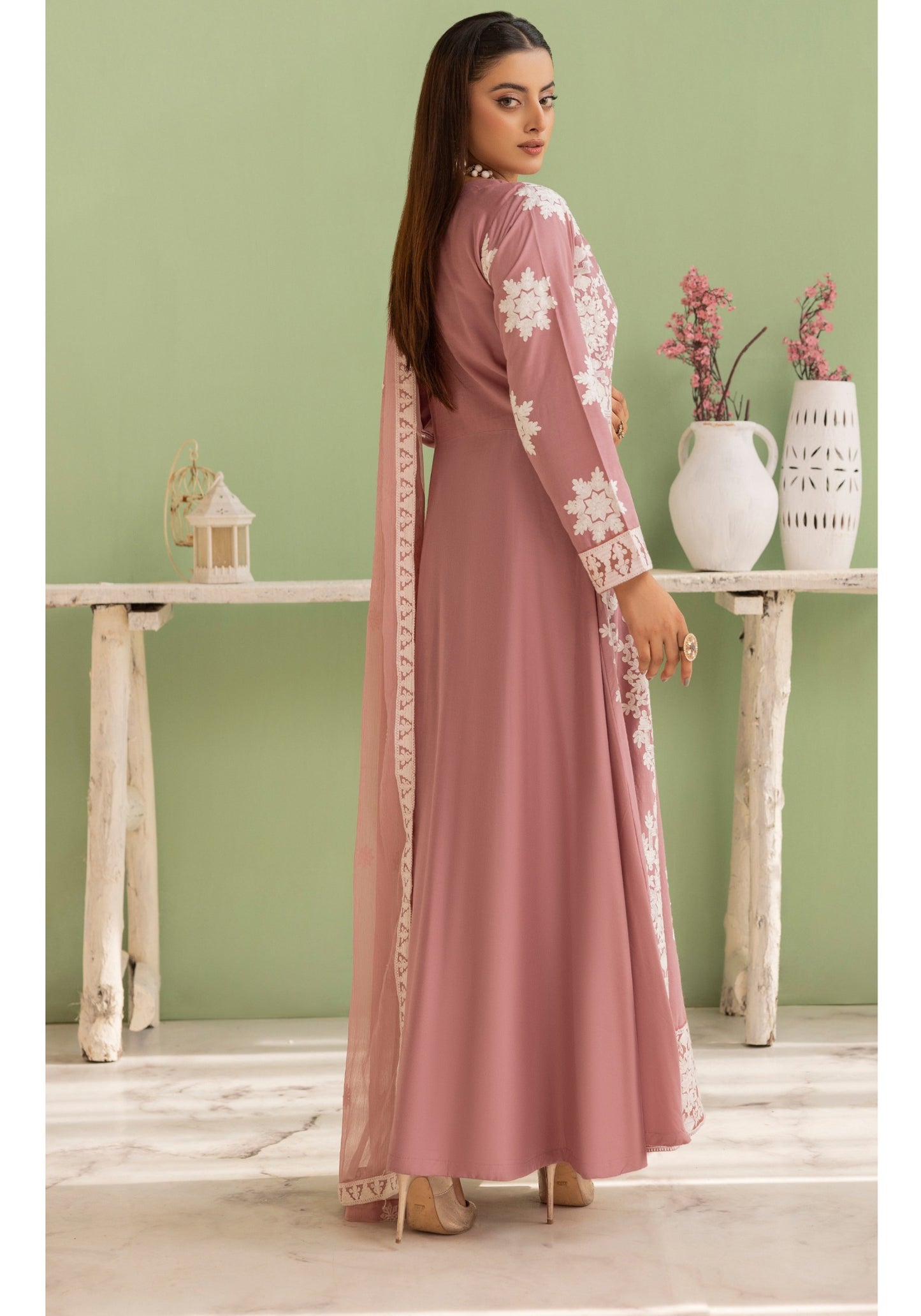 Mauve | Embroidered Linen Long Frock (Maxi) | 3 Pc | Ready-to-wear | Simrans