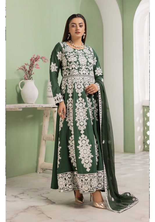 Green | Embroidered Linen Long Frock (Maxi) | 3 Pc | Ready-to-wear | Simrans