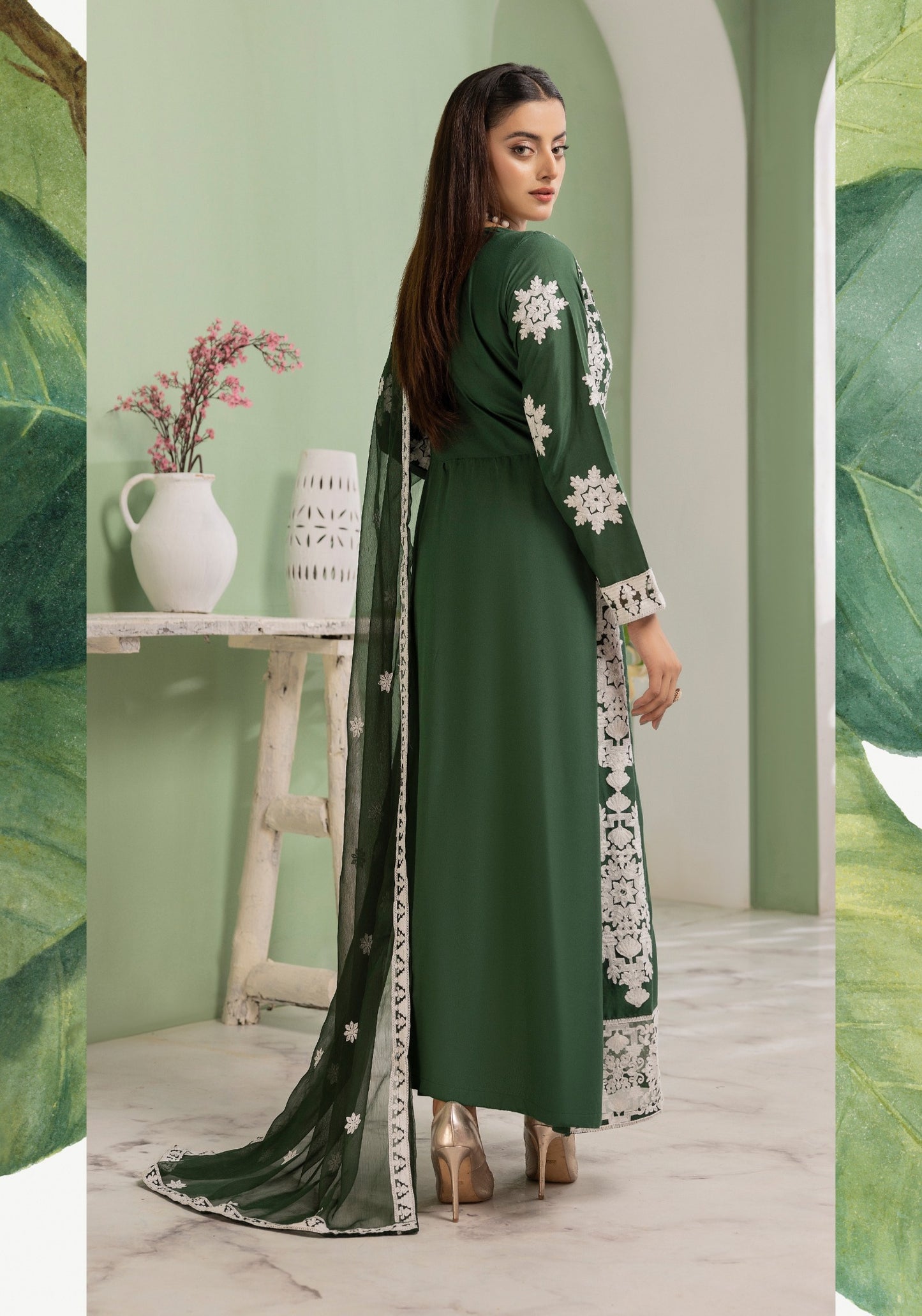 Green | Embroidered Linen Long Frock (Maxi) | 3 Pc | Ready-to-wear | Simrans