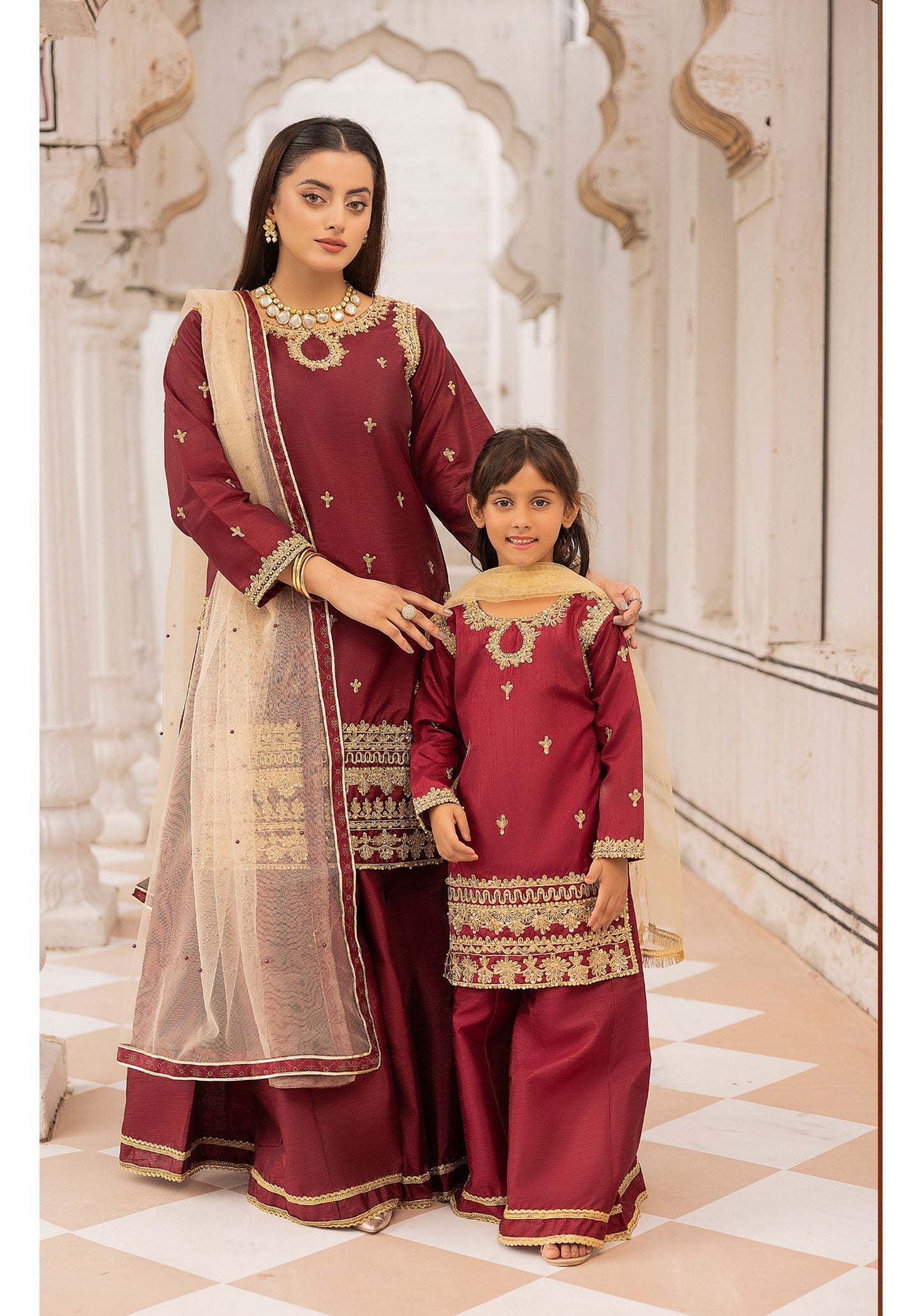 (Persian Plum) Embroidered Raw Silk Sharara | Wedding Wear | Mother & Daughter | Simrans