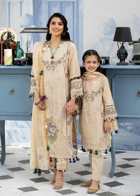 (BEIGE) Mother & Daughter 3 Pc Chikenkari Lawn Dress by Simrans