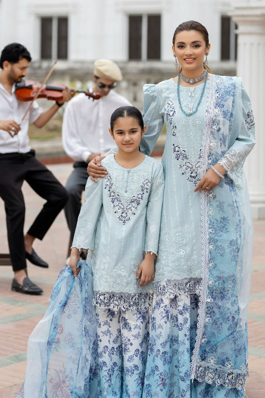 (ICE BLUE) 3 Pc Mother & Daughter "Ivana" Festive Cotton Dress by Simrans