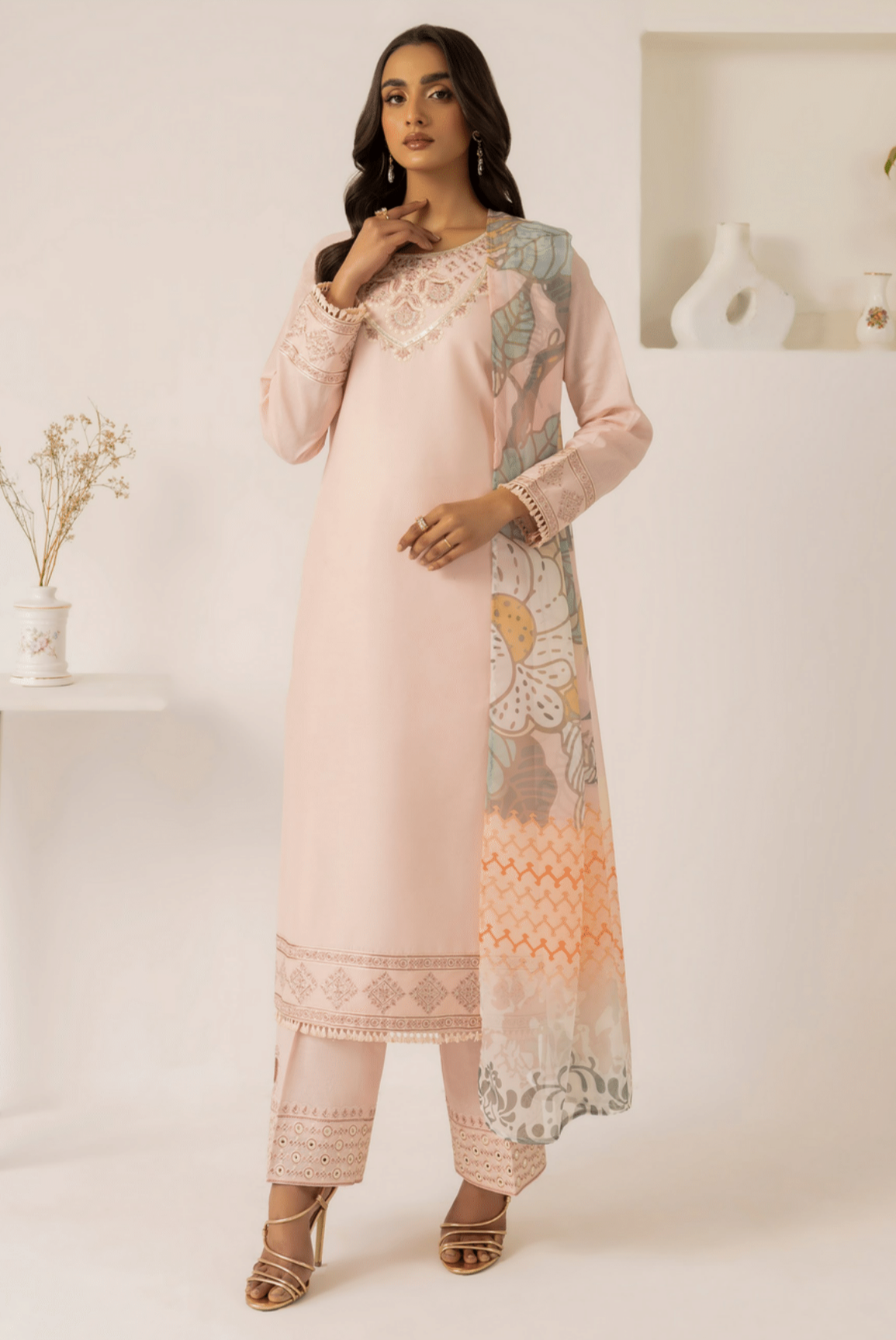 Peach 3 Piece Embroidered Lawn Dress - Esra Fashion