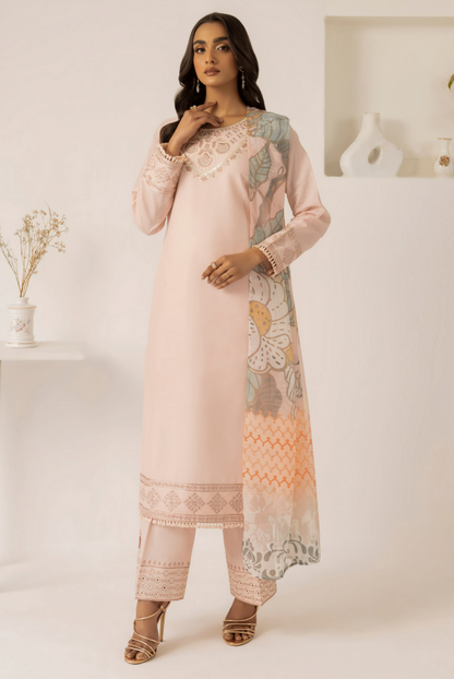 Peach 3 Piece Embroidered Lawn Dress - Esra Fashion