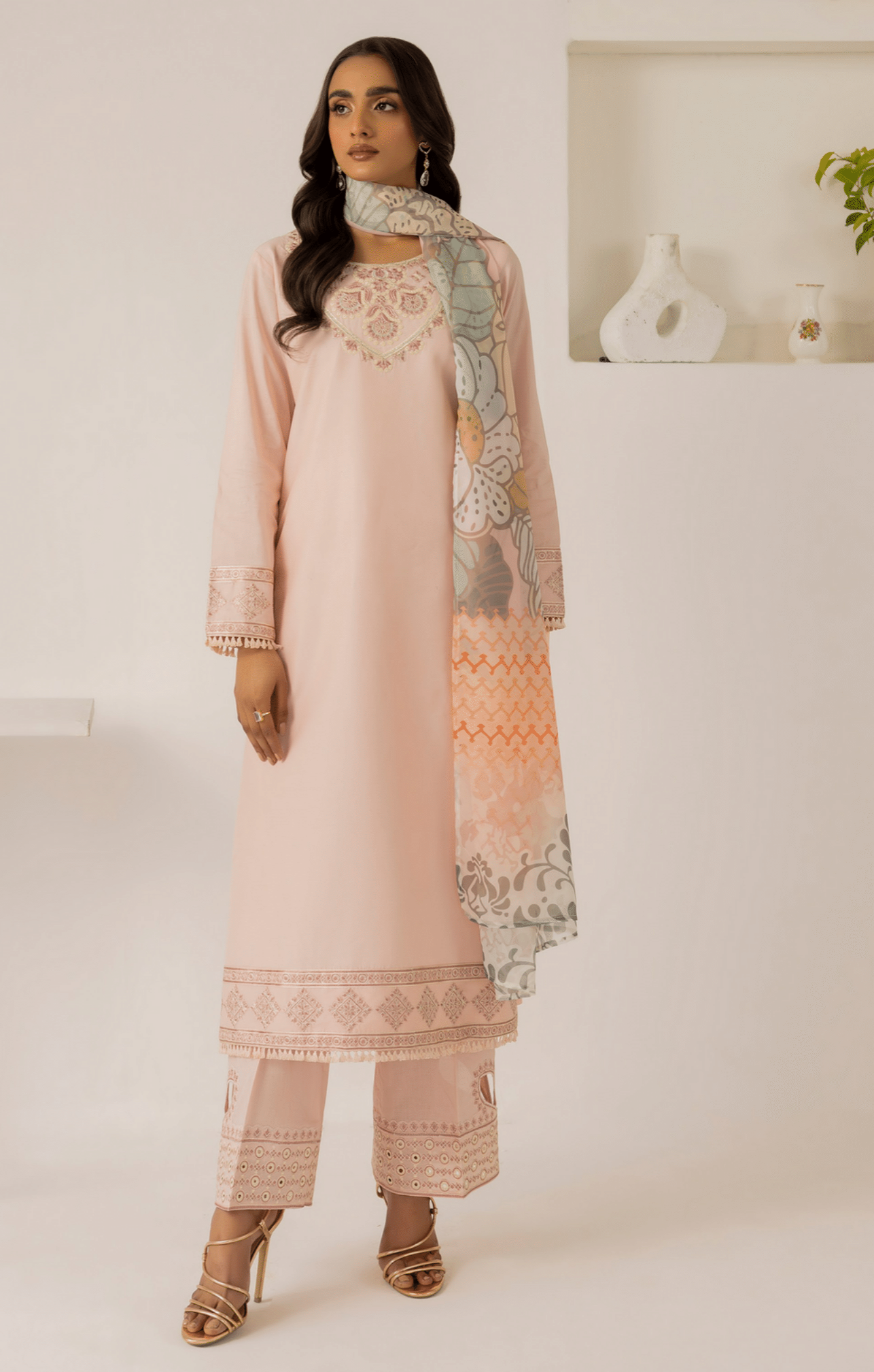 Peach 3 Piece Embroidered Lawn Dress - Esra Fashion