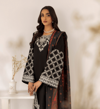 Black 3 Piece Embroidered Lawn Dress - Esra Fashion