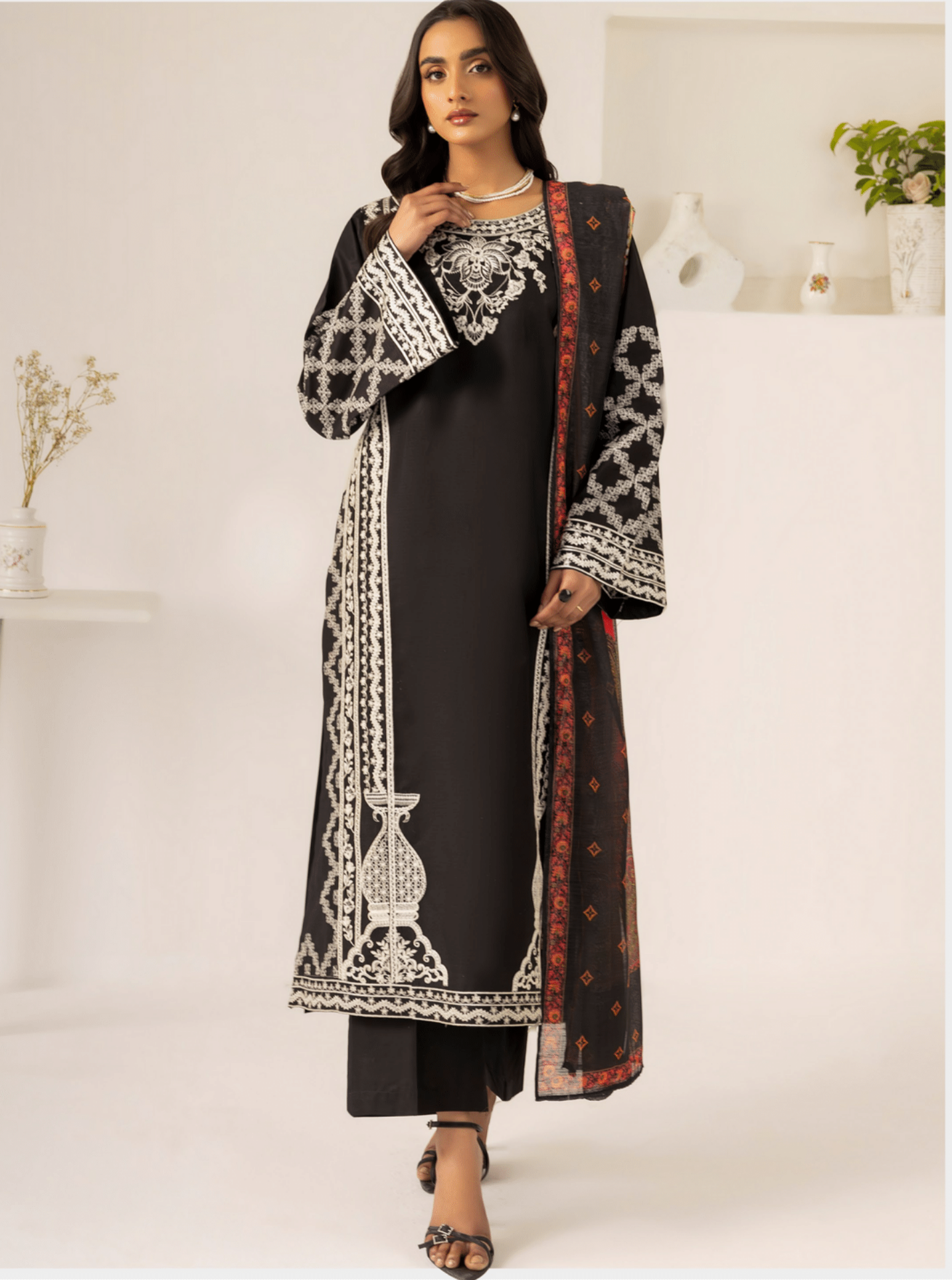 Black 3 Piece Embroidered Lawn Dress - Esra Fashion