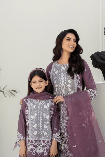 (Purple) Mother & Daughter 3 Pc Chikenkari Lawn Dress by Simrans